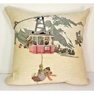 Rolande Du Dreuilh Bears Skiers 17 x17" Sq Tapestry Pillow Alpine Chalet France.